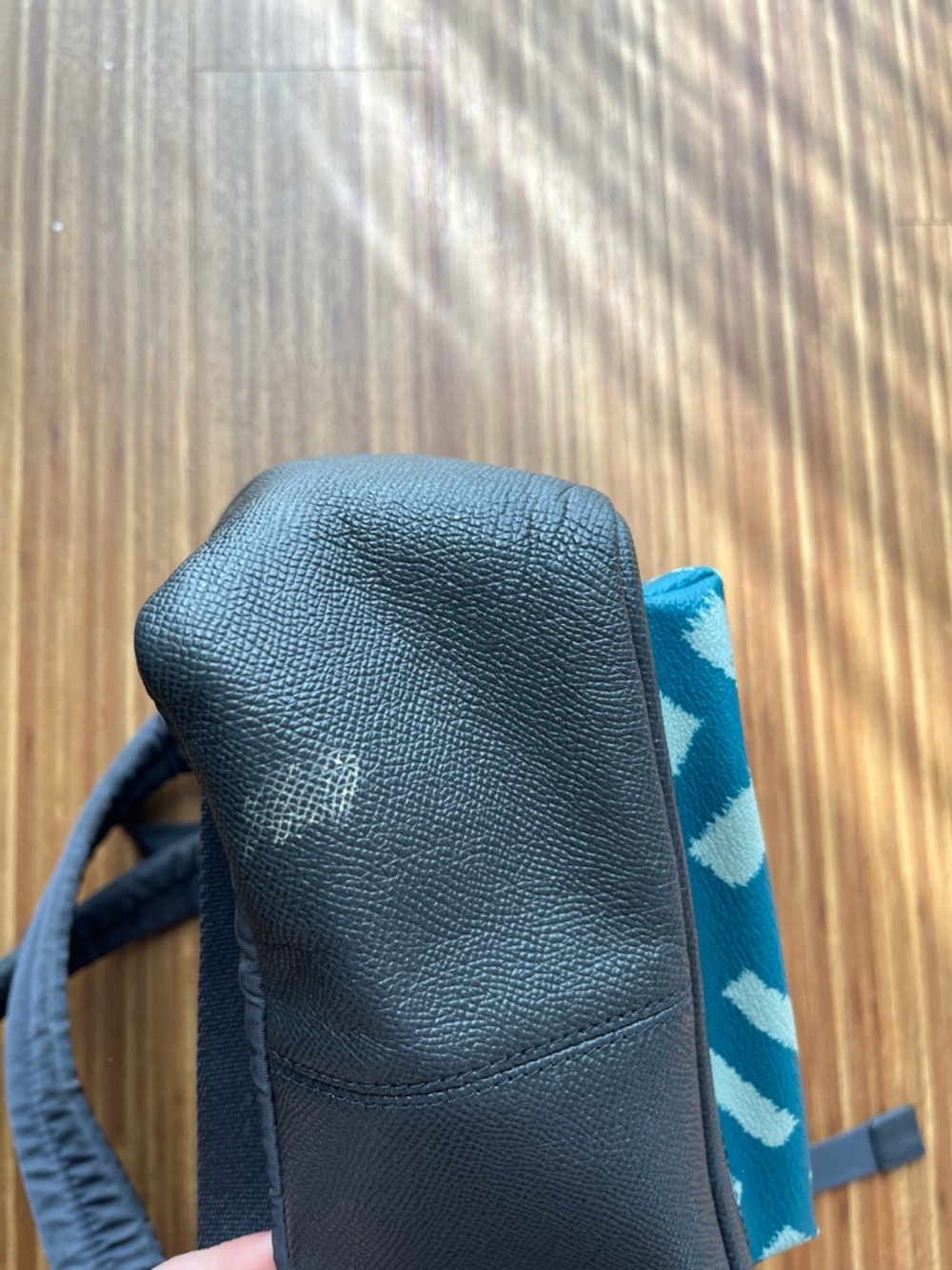 Coach Black Leather Mini Backpack with Teal Patterned Pocket - Picture 4 of 6